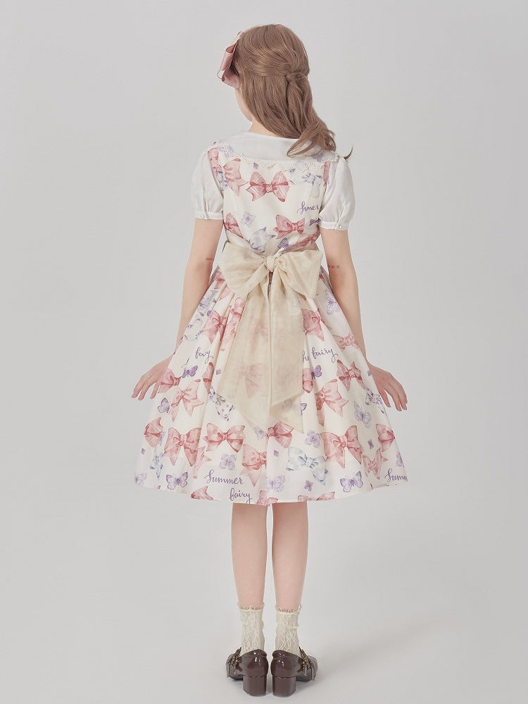 Sweet Bowknots Print Pink High Waist Retao Lolita Dress