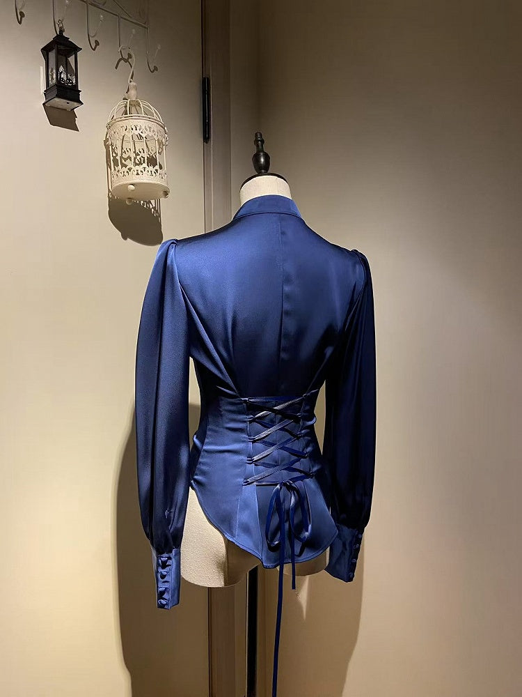 シャツ ダークマンダリンスリーブ 王子ロリータカラー ブルー ロング