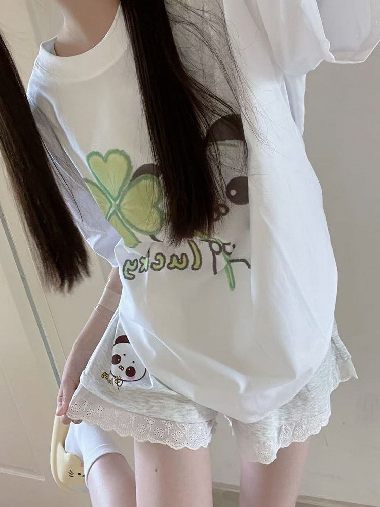 Trim with Shorts Print White Panda Lace