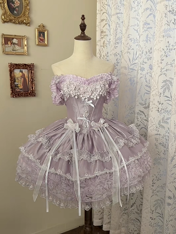 Lace Basque Blooming Flower Accents Hime Fluffy Lolita with Waist Layered Dress Purple