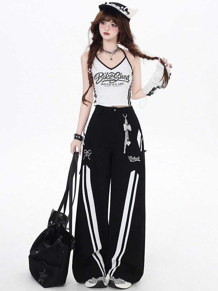 Schwarze Hose mit hoher Taille und geradem Bein und weißen Streifen