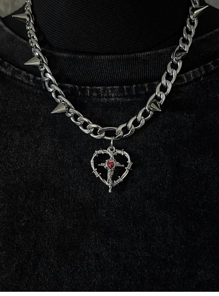Silver Cross Heart-shaped Pendant Studded Necklace