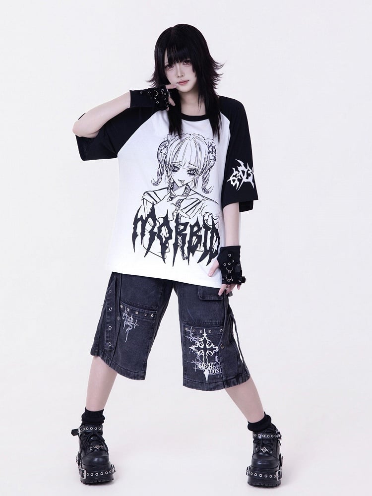 Dark Otaku Black Anime Girl Print Short Sleeve T-Shirt - Tribuo Flos