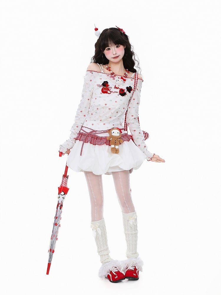 Cherry Adorable Off-Shoulder with White Print Embroidery Top Knit Semi-Sheer