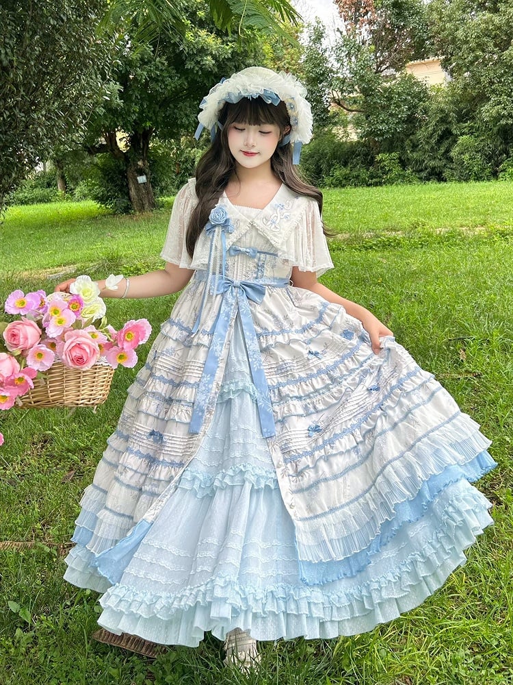 Lolita Blue Elegant Collar Flower with Shawl White Embroidered