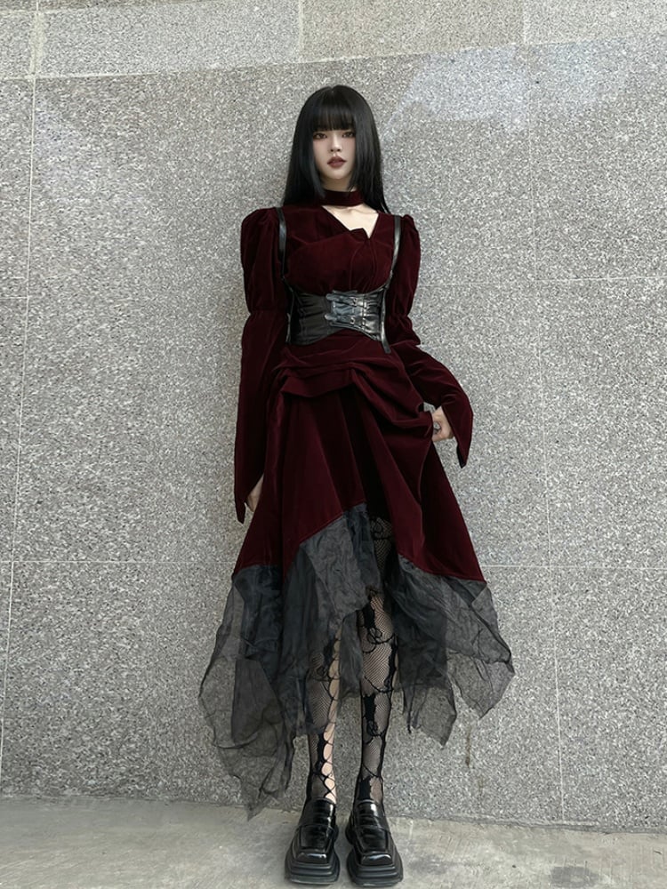 Gothic Wine Red Velvet Handkerchief Hem Midi Length Dress