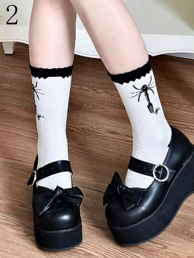 Spider Polka-Dot Socken Lolita Kalb Schwarz Gabel Muster