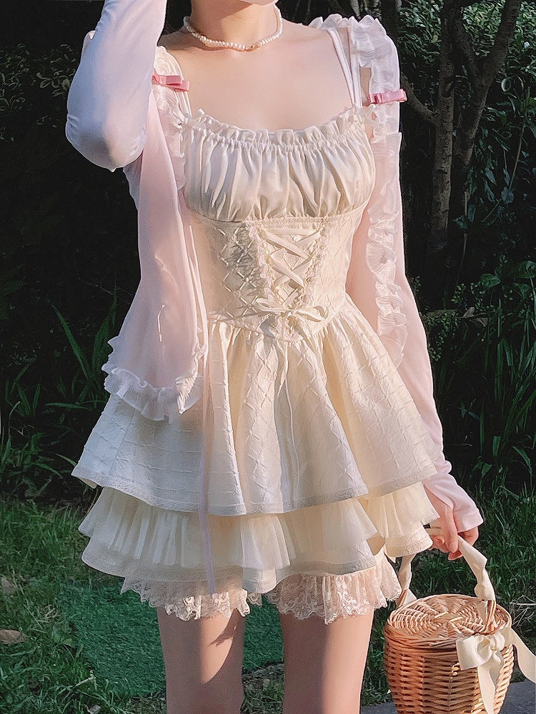 Bow Knit Pink Straps Lace Trim Cardigan With Self-tie