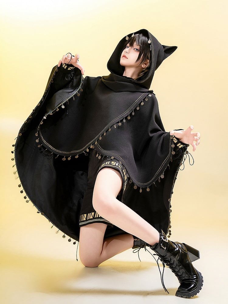 ファッションキャットハイロー耳裾(洗濯機洗い不可、ブラック王子)ケープフード付き