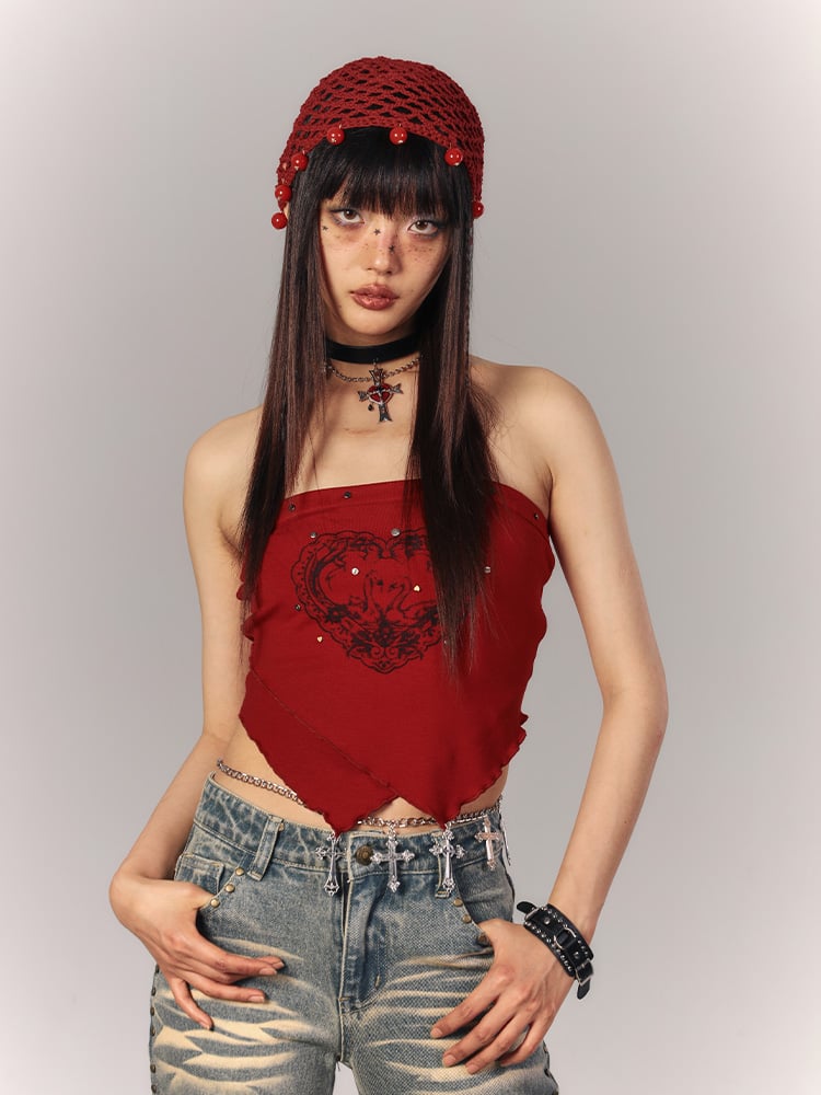 Punk Triangle Crop Y2K Studded Hem Swan Print Neckline Top Red Strapless with Layered
