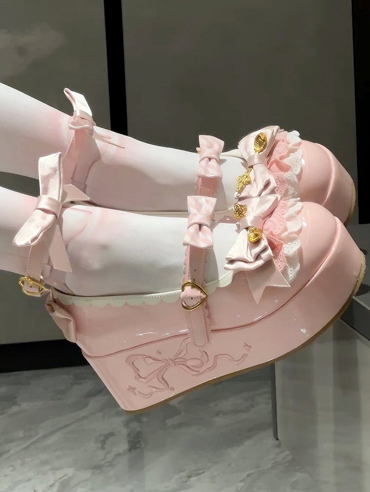 Bowknot Details Platforms Lolita Sweet Spoon Decorated Pink