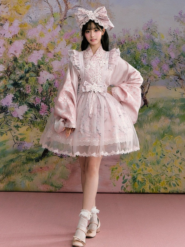 Pink Hanfu-Inspired Satin Long Sleeve Top with Floral Print - Yimu Walnut