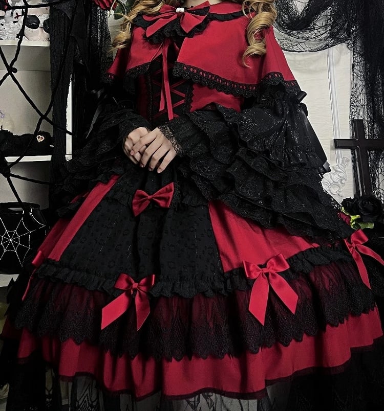 Rot-schwarzes Old School Lolita Fashion Kleid Bowknot JSK Set
