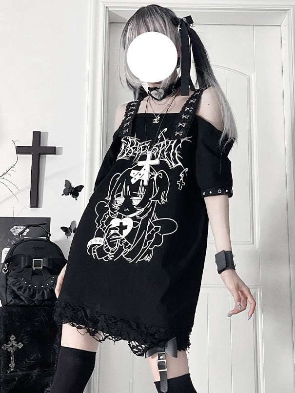Print Gothic Black Off-Shoulder Subculture Cross-Buckle StrapsAnime Topwith Girl