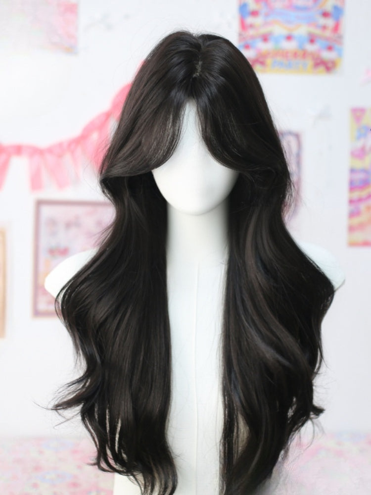 Black Tea Under Bust Length 65cm Wavy Wig with Curtain Bangs