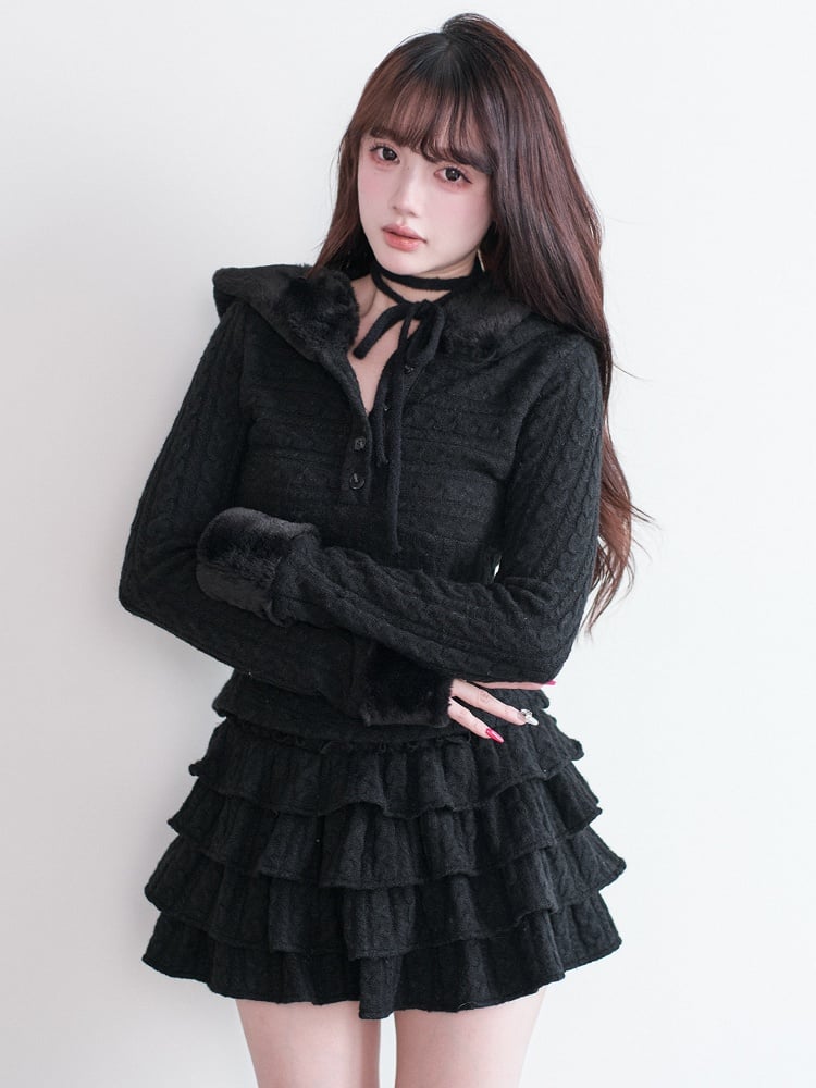 Black Ruffle Kei Multi-Layered Knit Skirt Jirai
