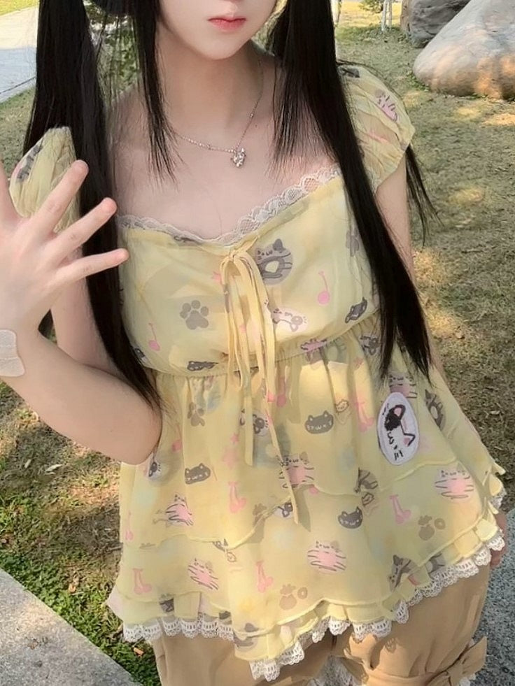 Sleeve Lace Short Cat Yellow with Accents Print Top Kawaii