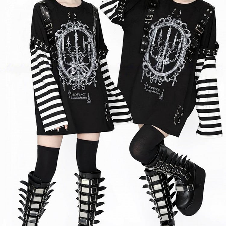 Straps Long-Sleeve White Black Decorated Printed Jirai Top Candle Punk Kei Striped Leather