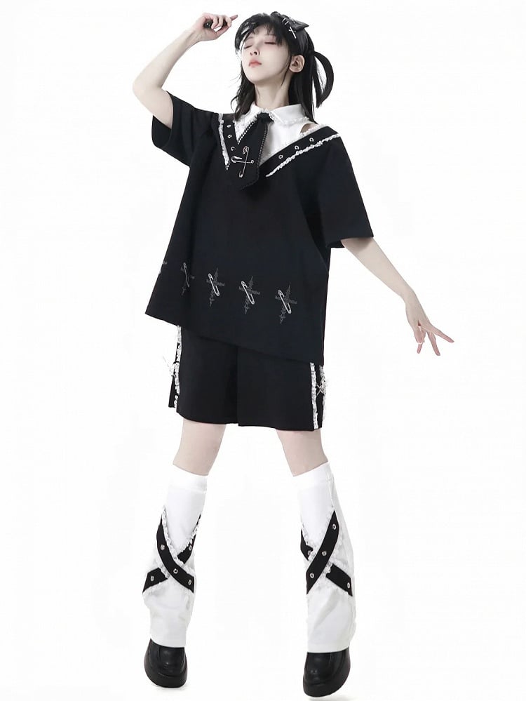 Free Print Cross with Tie Black T-Shirt Pin Shirt Collar