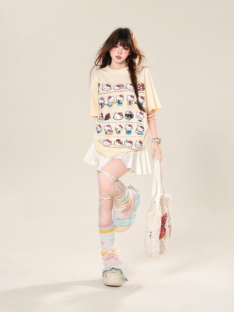 Adorable Kitty Print Apricot Loose T-Shirt