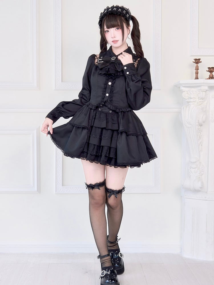 Straps Blouse Black Decorative Neckline and Buckle Illusion Jirai Kei Brooch with Bow