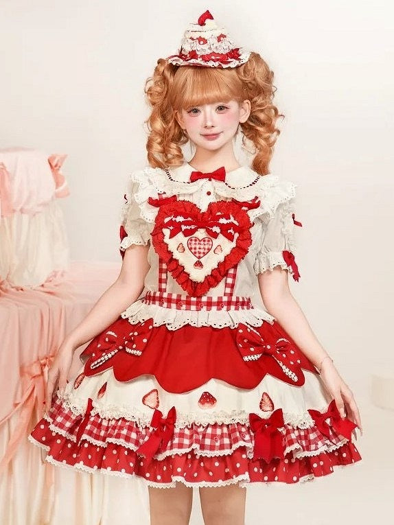 White Short-sleeved Bowknots with Blouse Lolita Red