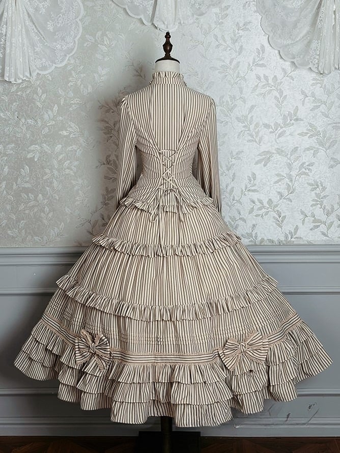 Brown Lolita Bow Layered Elegant Classic Ruffle with Embellishments Skirt Striped