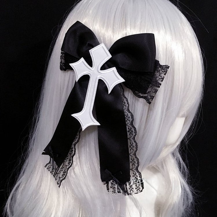 Cross Hairclip with Black/White Bow Lace Trim Decorated