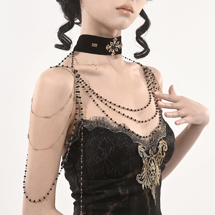 Multi-Layered Shoulder Black Choker Velvet with Chains Gothic