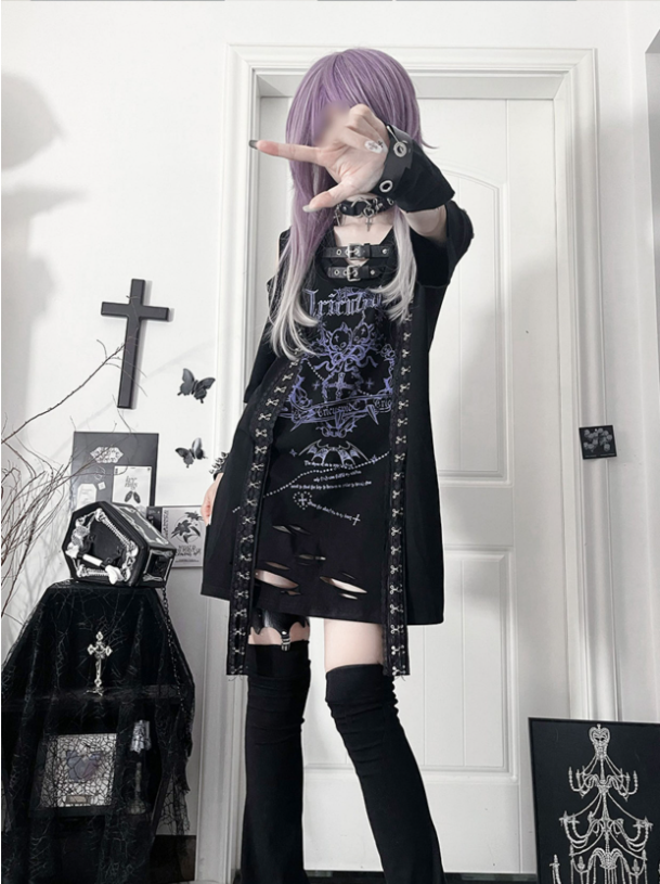 Cross Short Straps with Sleeve Drop Print Black Lace Shoudler Gothic Trimmed Blue T-shirt