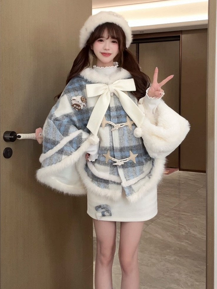 Blue Fur White Faux Large Trim with Plaid Bow Sweet Cape Lolita