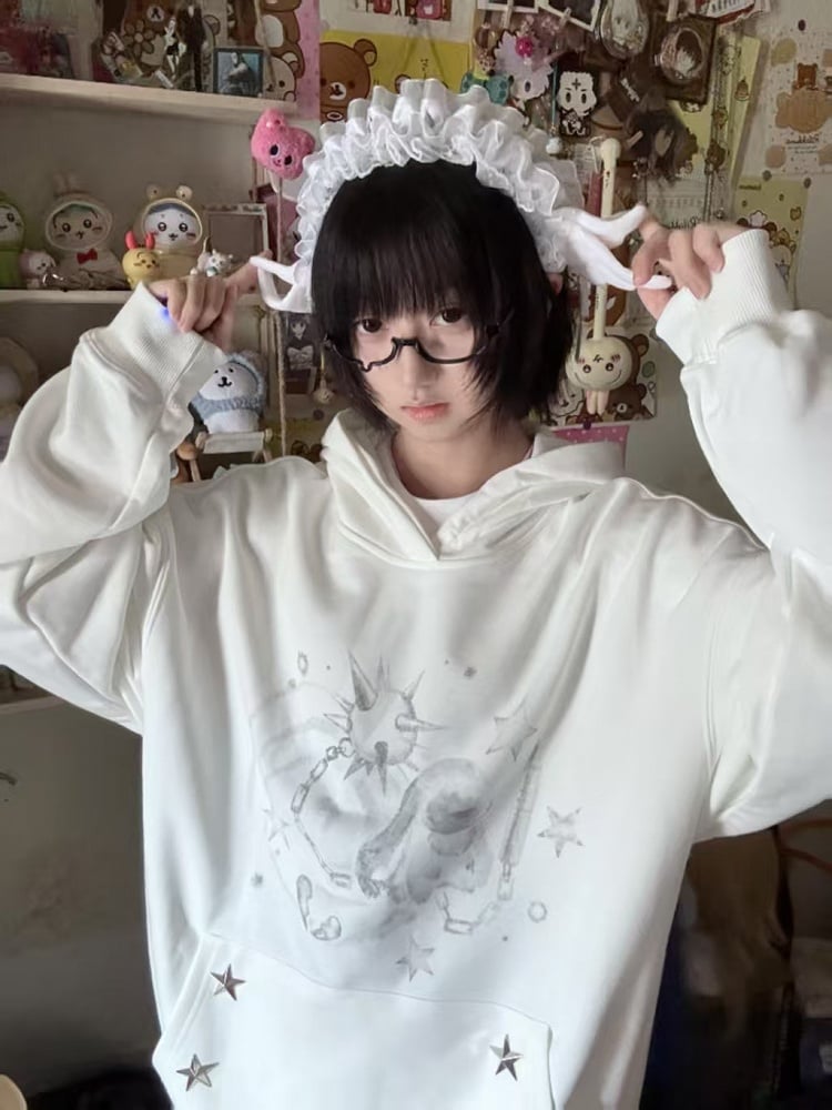 Dreamcore Pockets with White Punk Rabbit Print Studded Star Hoodie