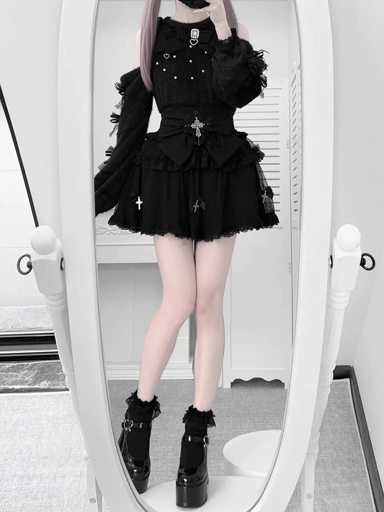 - Skirt Design with Jirai Kei Black Bow Tiered Cross Lace Tulle Edging