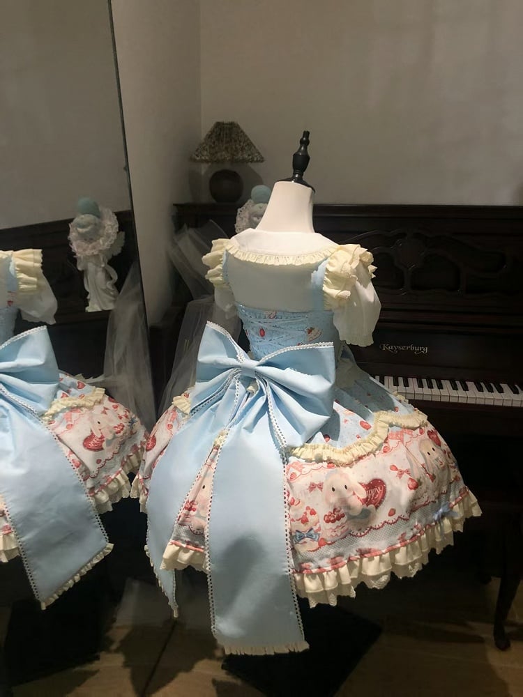 Komplettes JSK / Sweet and Bunny Erdbeerkuchen Blaues Kleid Süßes Set Lolita Print
