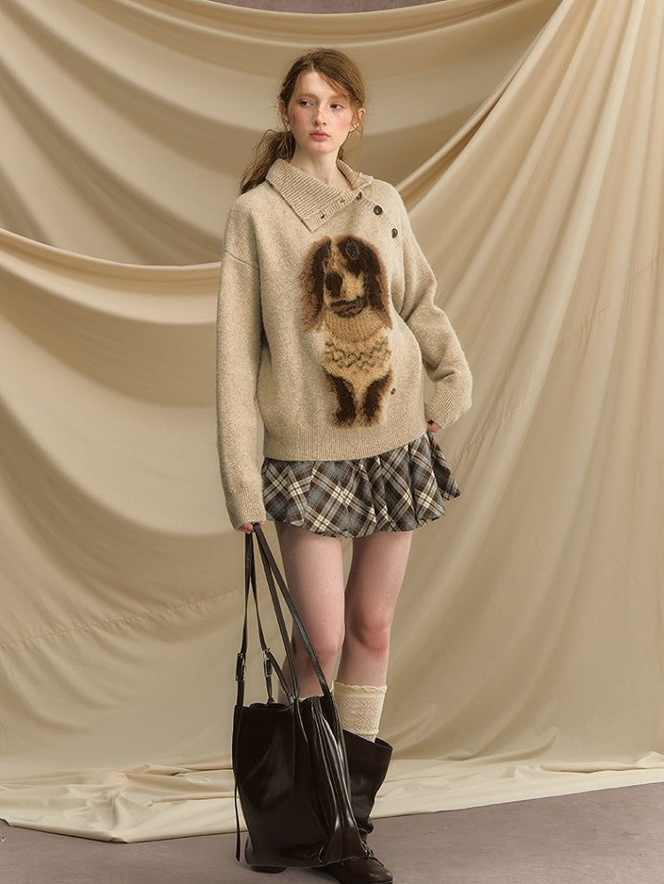 Vintage-Inspired Asymmetrical Neckline Sweater with Plush Sausage Dog Design Apricot/Dark Gray