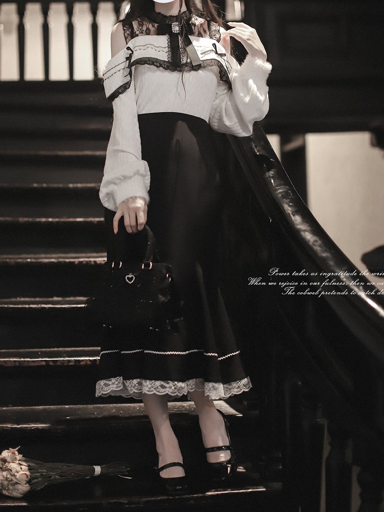 Aesthetic Shoulder Neckline Illusion Jirai with Contrast Pure Kei White Black - Innoncent Open and Sweater