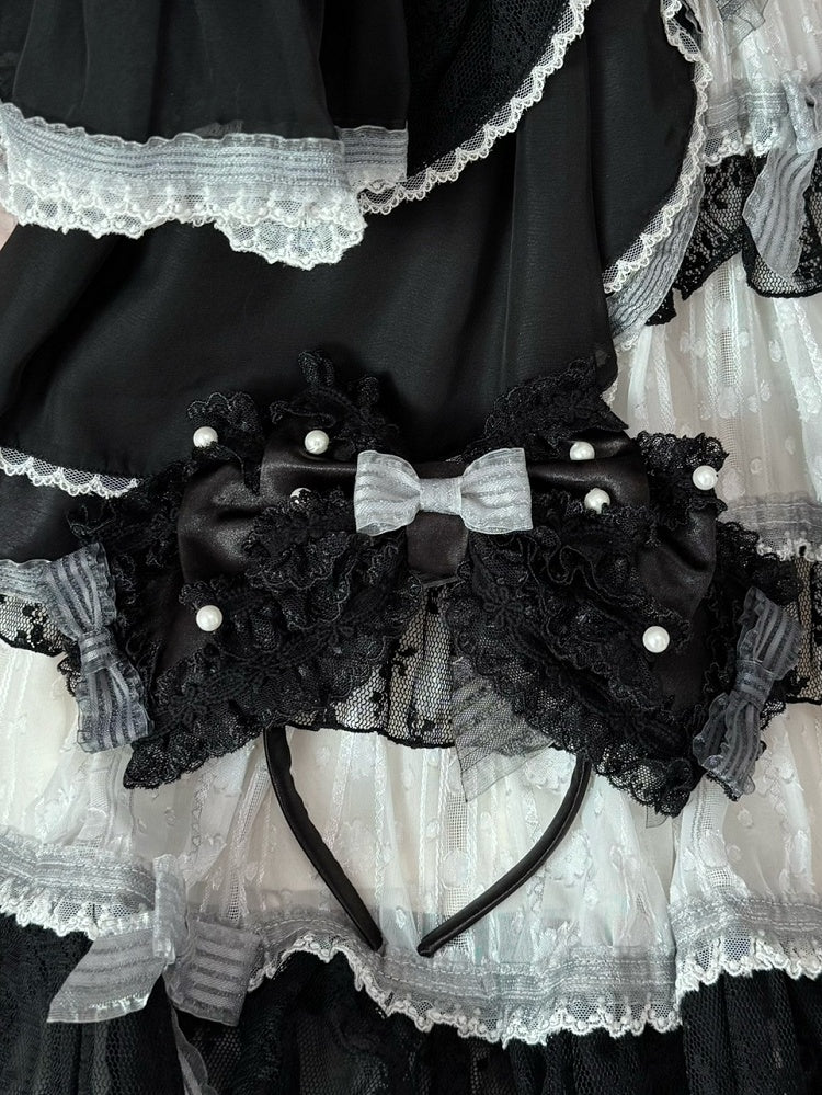 Lace BlueWhite/Black Trim KC Bowknot Beaded Decorated