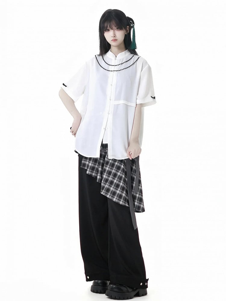 Plaid Skirt with Self-Tie Strap Black and White Asymmetrical Flounce Hem