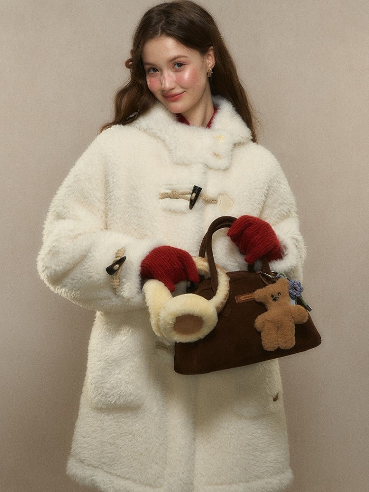 Beige/Brown Toggle Hood Coat with and Closure Long Vintage-Inspired Fleece