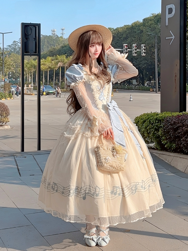 Dress Blue Version Print Lolita Elegant Note Beige Lace Violin Classic with Embroidery Long Musical