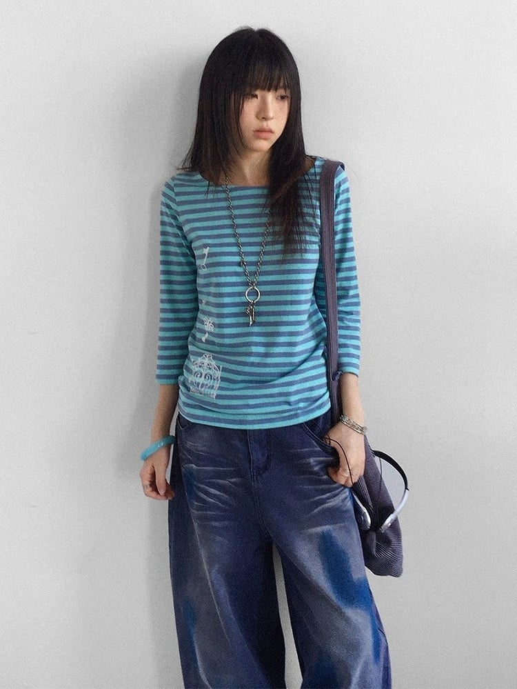 Blue Striped Wide Round Neck Long Sleeve T-shirt with Key and Iron Gate Print - innomoood