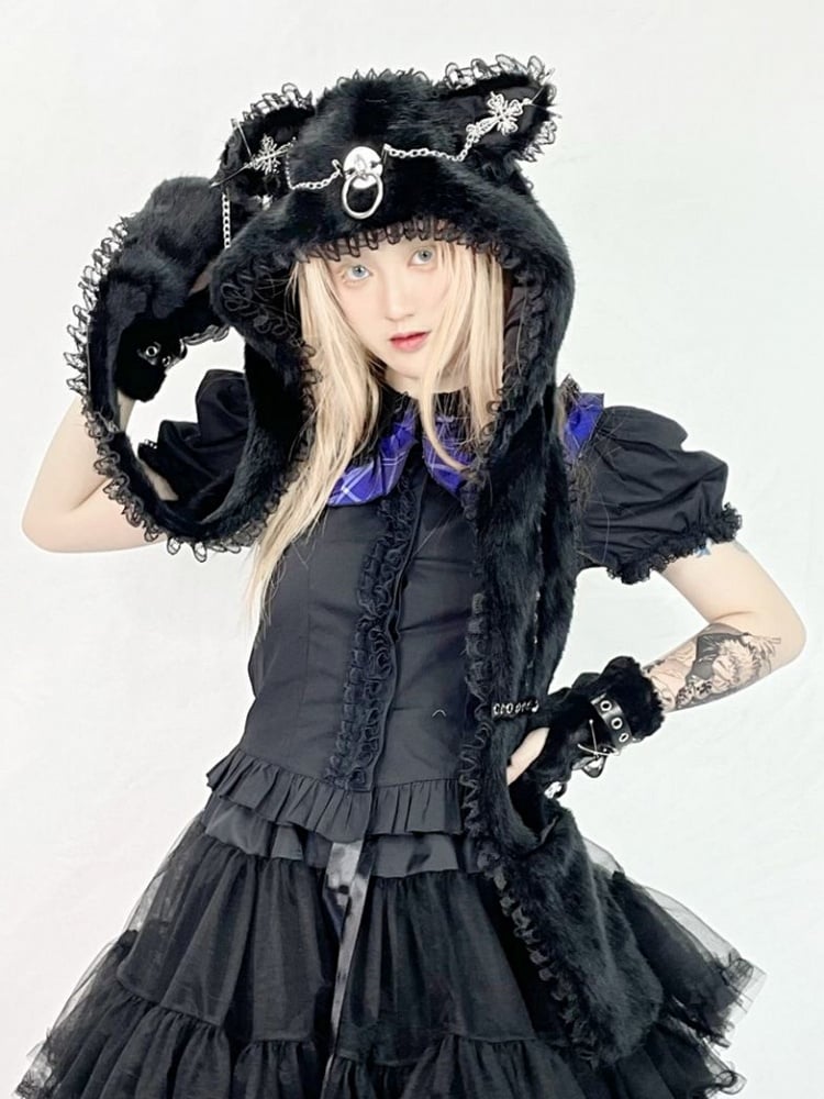 Ear Scarf Plush Cat with Hat Gothic Punk Details Metal