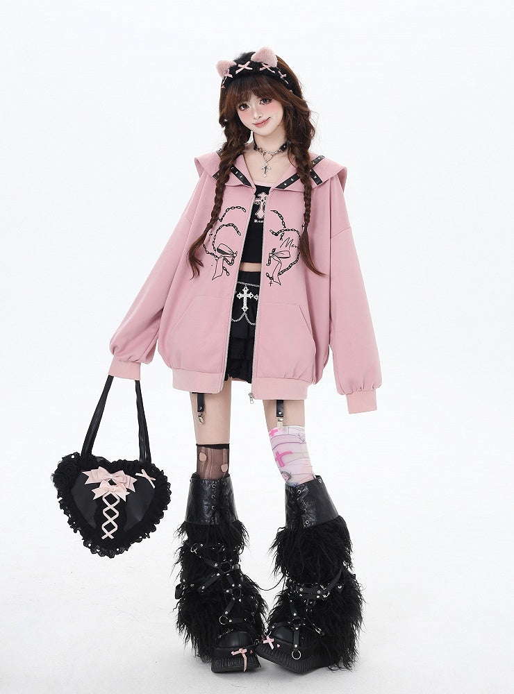 Pink/Gray Sailor Collar Zipper Closure Printed Jacket