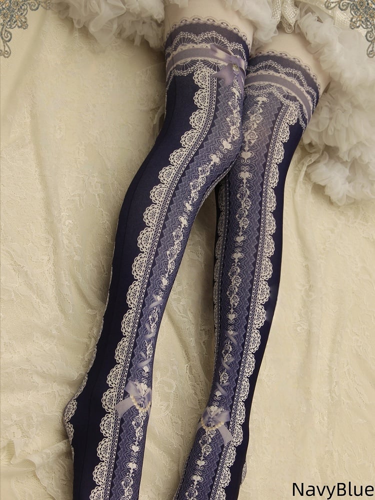 Lace Print Lolita Colors Tights 10 Strappy Bowknot