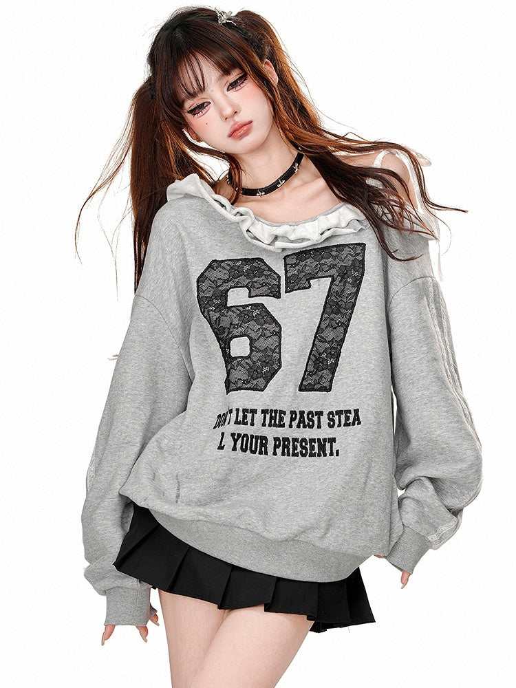 Schwarz/graues Sweatshirt mit Spitzenapplikationen und asymmetrischem Ausschnitt