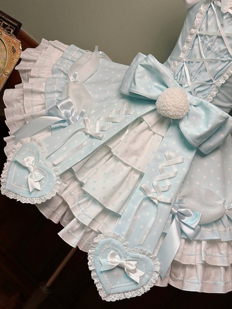 Dot Blue Lolita Neck Old Halter School Sleeves Versatile Dress Polka with Puff