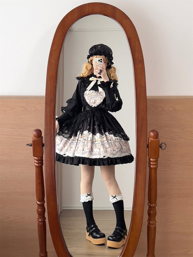 Sweet Print Ruffle White Sheep Angel Lolita with Black Skirt Hem