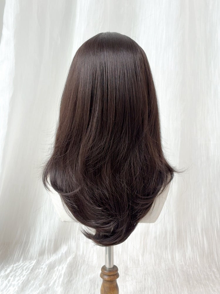 Black Tea Long Straight Wig with Side-swept Bangs - Sleepy Fish