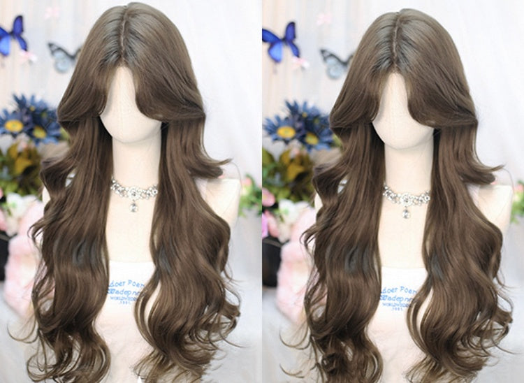 Black Tea/Brown Under Bust Length Wavy Wig with Curtain Bangs