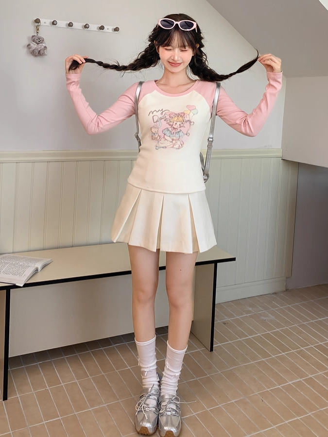 トップスとピンクのスリムフィット漫画ガールプリントアプリコットカラーブロックデザイン
